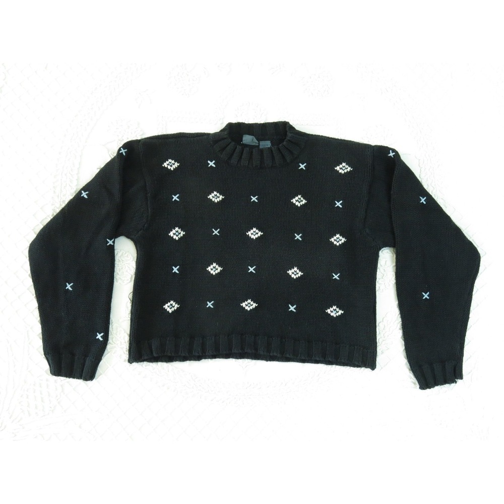 Vtg Liz Wear Embroidered Boxy Crop Sweater Knit Grunge Indie 90s Y2K Cotton